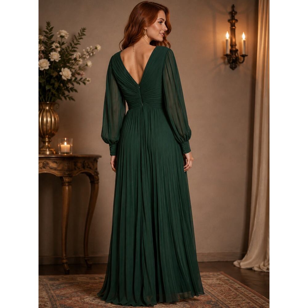 Badgley Mischka | Pleated Sheer Sleeve V-Neck Gown - Picture 2 of 10